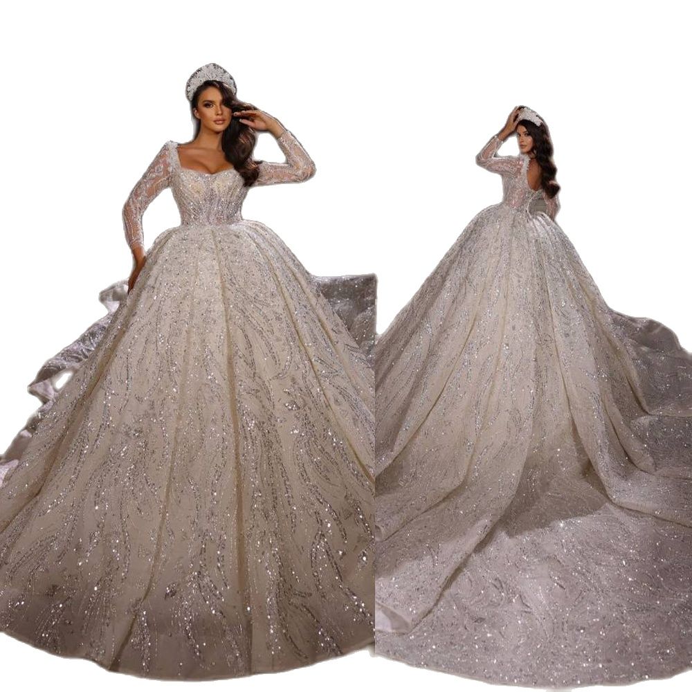 Sparkly Ball Gown Wedding Dress Sexy Scoop Neck Seuqins Long Sleeve Puffy Saudi Arabic Bridal Gowns vestidos de robe