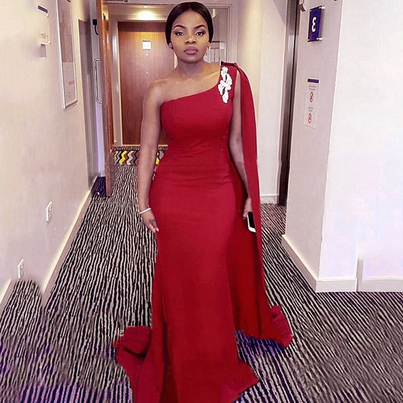 Fashion Streamer Mermaid Bridesmaid Dresses Long Red One Shoulder African Women Vestidos Wedding Party Gown Evening Prom Dress