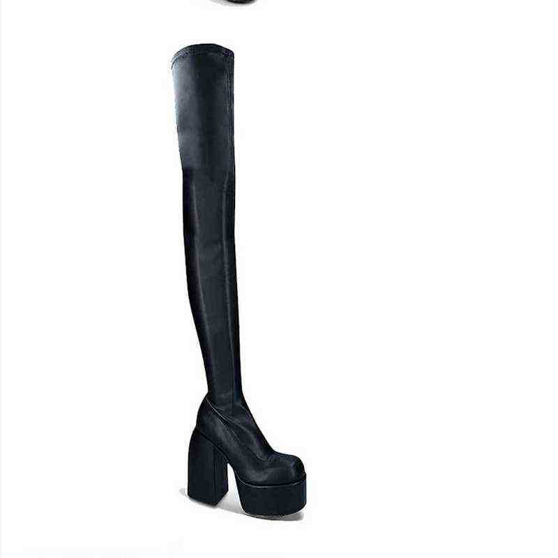 Ladies Thigh High Boots New Platform High Heels Black Patent Leather Motorcycle Boots Ladies Formal Party Shoes Women's Boots z250403