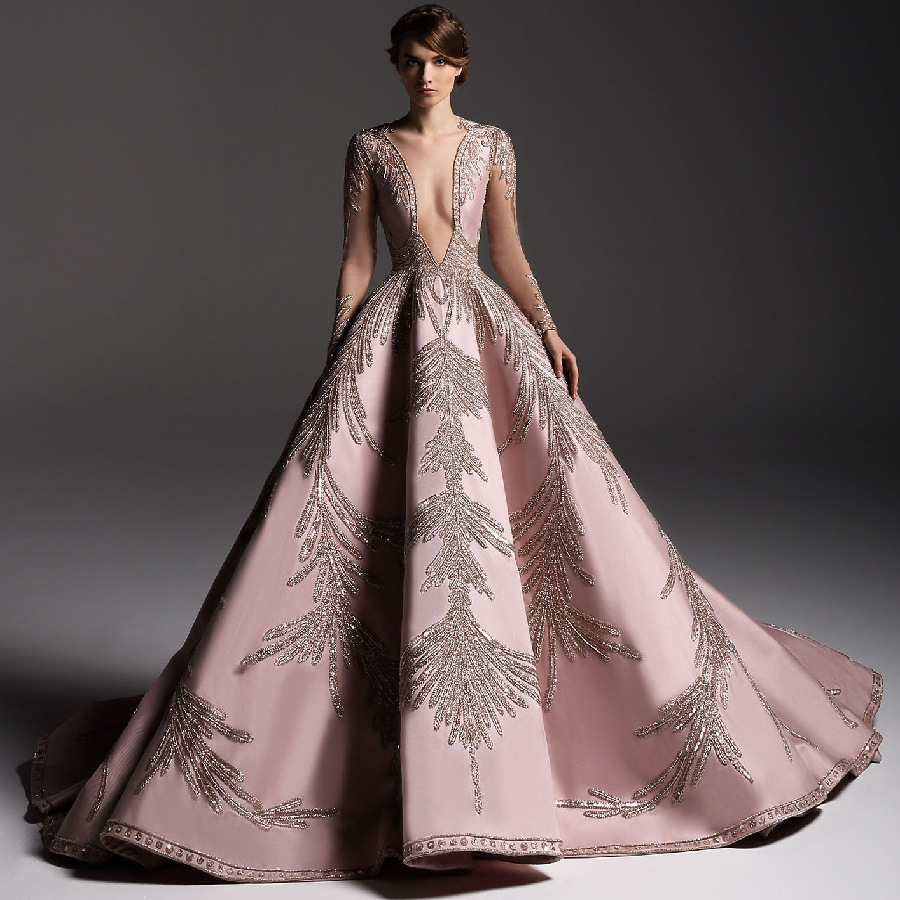 Vintage Sparkly Crystal Prom Evening Dress Long Sleeve Deep V neck Formal Party Gown sequined Pageant Gowns 2023