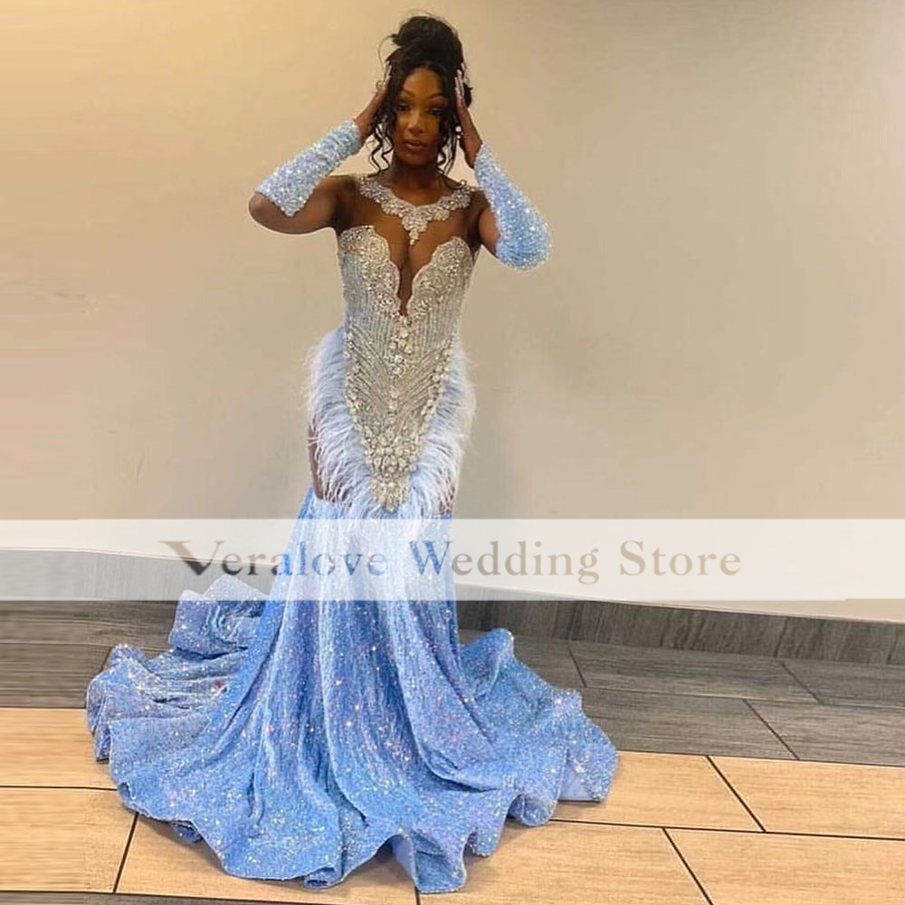 Celebrate Prom Dress Mermaid 2023 Light Blue Sequins Sparkly African Party Wear for Women vestidos de gala