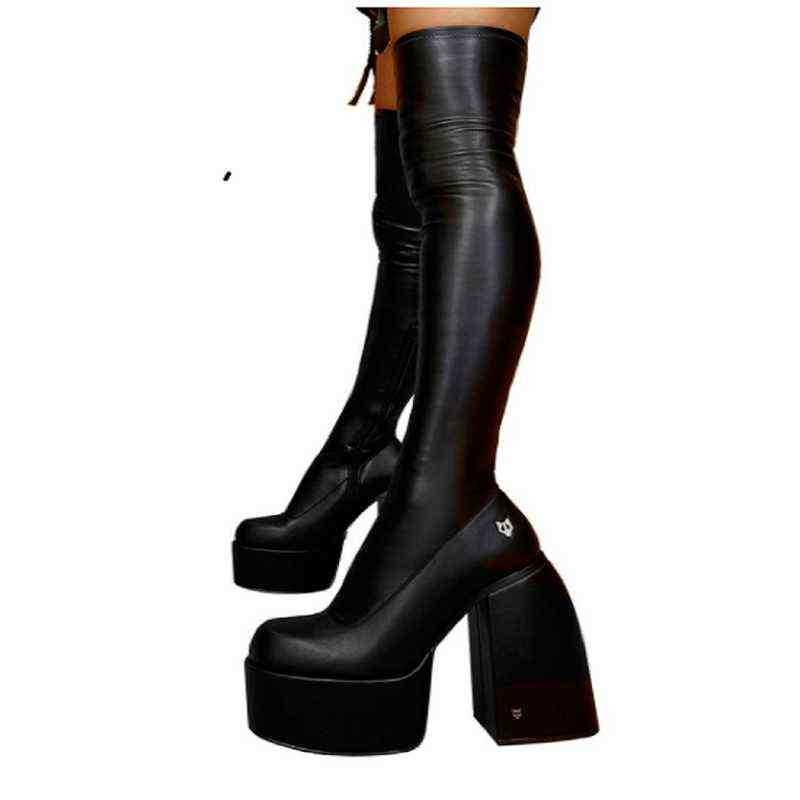 Ladies Thigh High Boots New Platform High Heels Black Patent Leather Motorcycle Boots Ladies Formal Party Shoes Women's Boots z250403