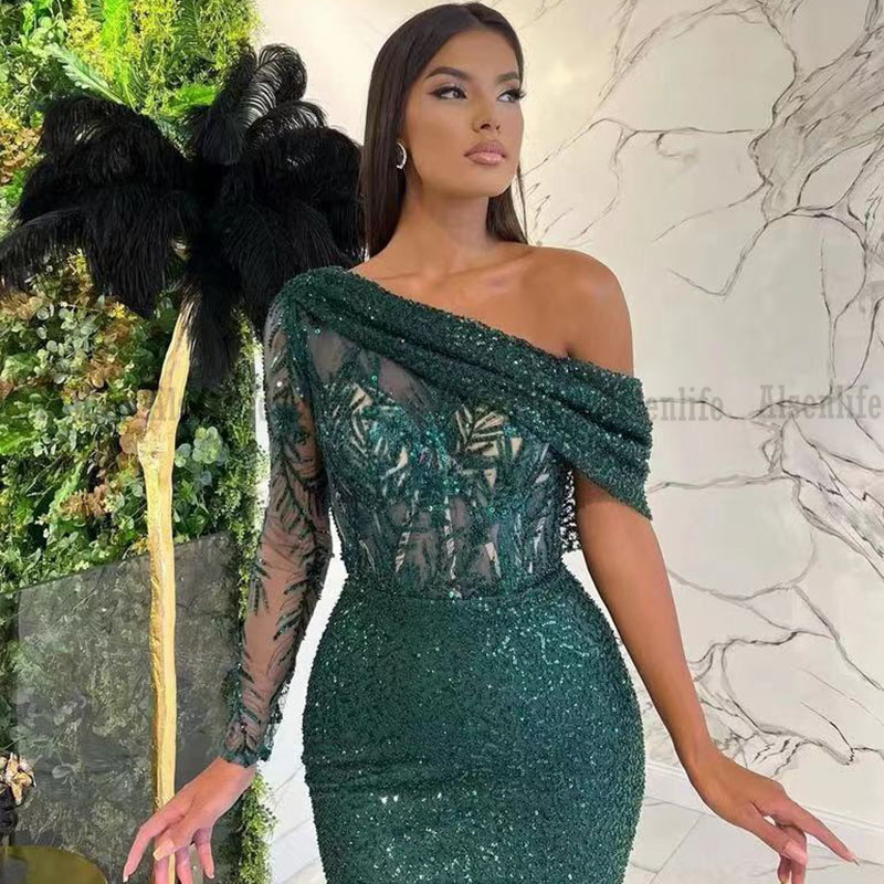 Glitter Women Formal Evening Dress 2023 One Shoulder Sequins Vestidos Prom Gowns Cocktail Wear vestidos de gala