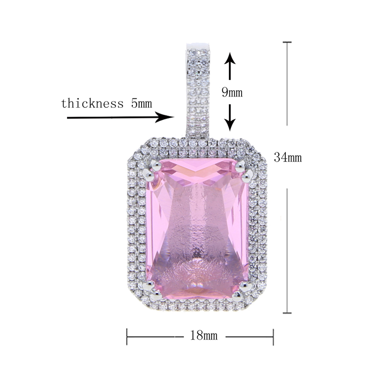 Big Colorful Cz Pendant Necklace with Rope Chain Paved 5A Blue Purple Green Pink Cubic Zircon Stone for Women Men Fashion Hip Hop Jewelry