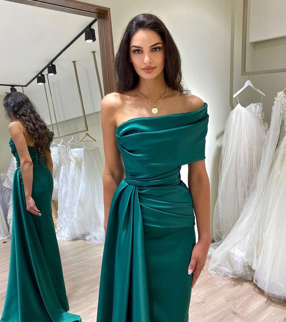 Green High Side Split Mermaid Satin Prom Dresses Pleat Draped One Shoulder Evening Gowns Ruched Formal Party Dress Robes De Soiree 2023