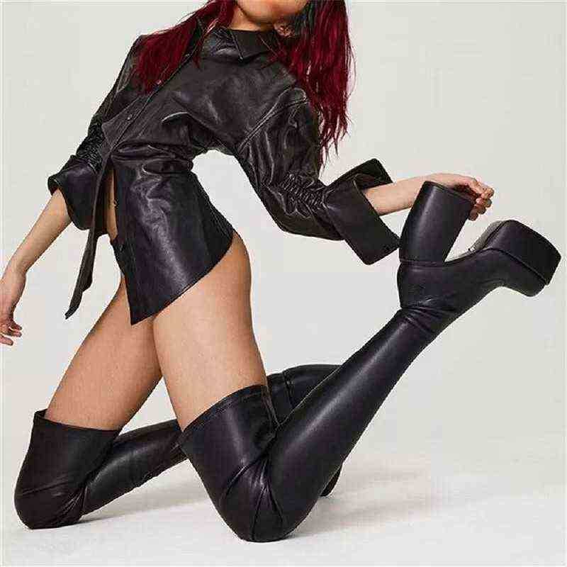 Ladies Thigh High Boots New Platform High Heels Black Patent Leather Motorcycle Boots Ladies Formal Party Shoes Women's Boots z250403