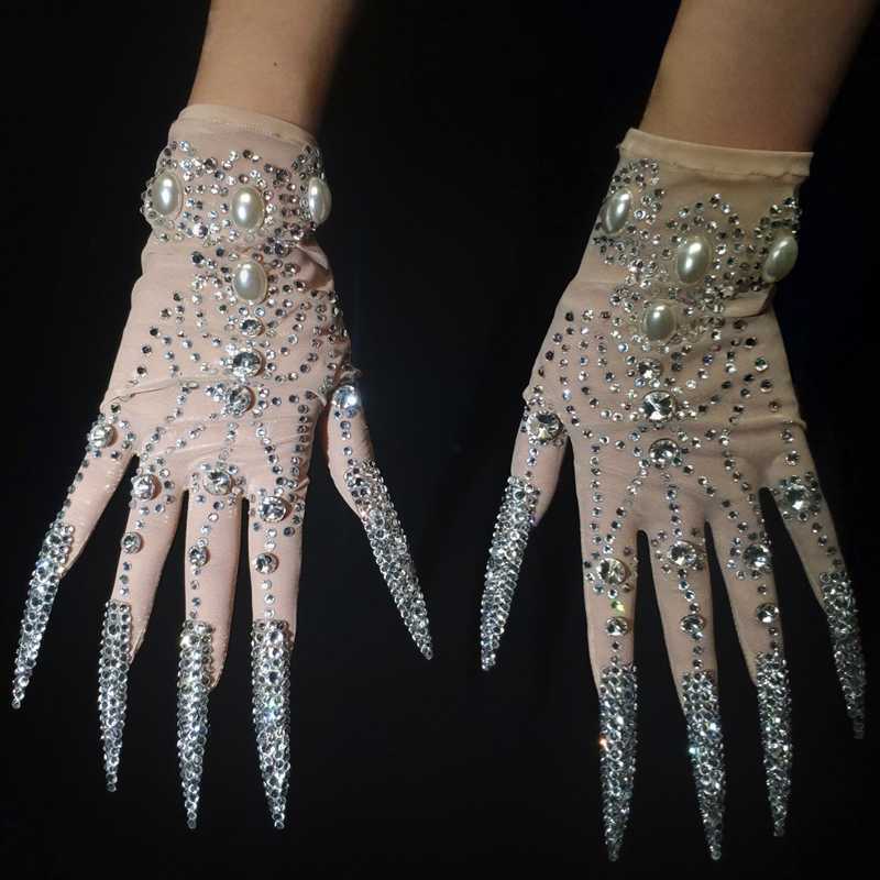 Fingerless Gloves Luxurious AB Rhinestones Pearls Plus Length Nails Gloves Women Fashion Drag Queen Outfit Nightclub Stage Performance Accessories L22