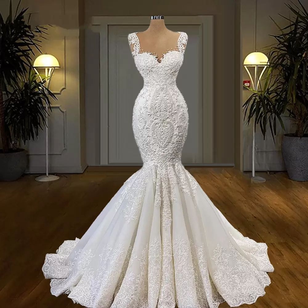 Gorgeous African Mermaid Wedding Dresses 2023 Bridal Gowns Lace Appliques Beaded Sweep Train Plus Size Vestido De Noiva