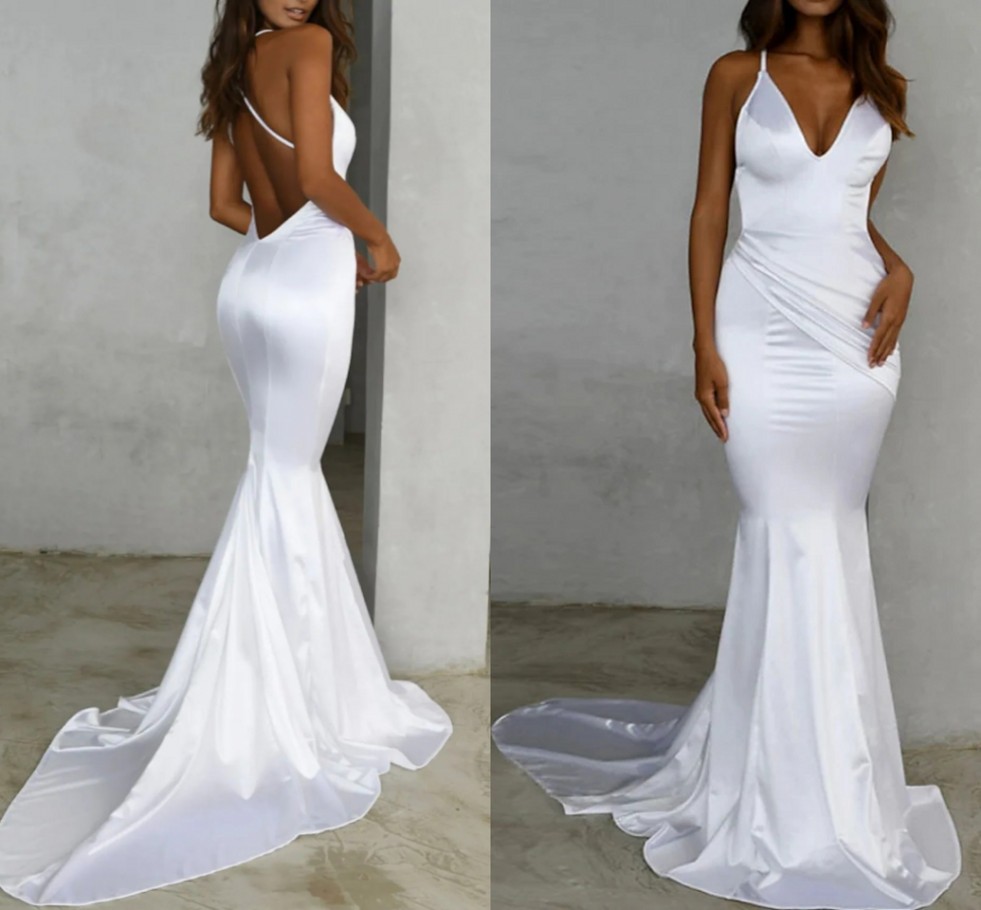 Sexy Mermaid Women Wedding Dress 2023 V Neck Sweep Brush Train Satin Spaghetti Strap Simple Bridal Gown Robe De Mariage