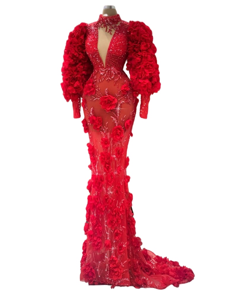 Red 3D Floral Prom Dresses For Women long sleeve Party Wear Mermaid Evening Dress 2023 High Neck robe de soiree femme