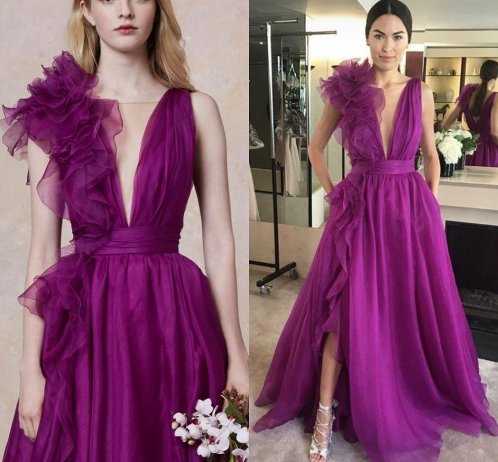 Sexy Purpel A Line Tulle Prom Dresses 2023 Deep V-neck Backless Side Split Evening Formal Gowns Ruffles Organza Robes De Soiree Vestidos