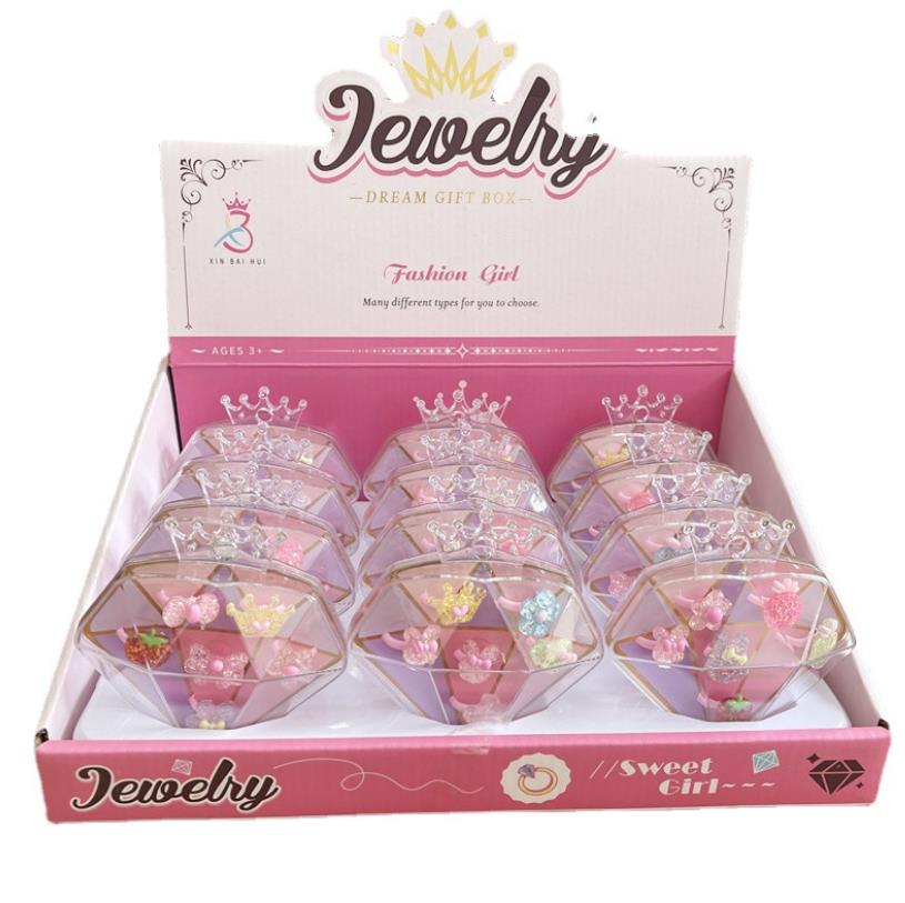 Kids Cartoon Sweet Rings Set Adjustable Gift Jewelry in Box Little Girl Pretend Play and Dress up Props With Diamond Heart Case Birthday Christmas Pre
