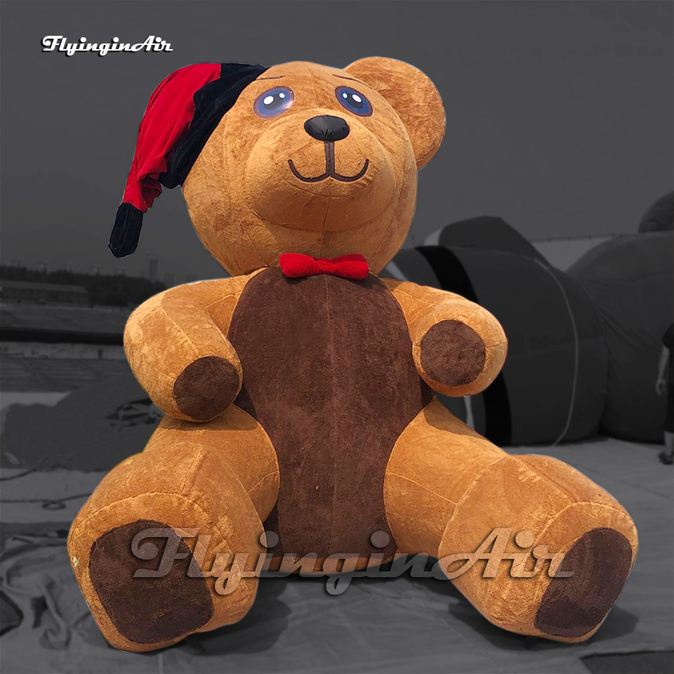 Cute Large Inflatable Plush Brown Bear Christmas Cartoon Animal Mascot Model Airblown Teddy Bear Balloon With Hat For Park Decoration