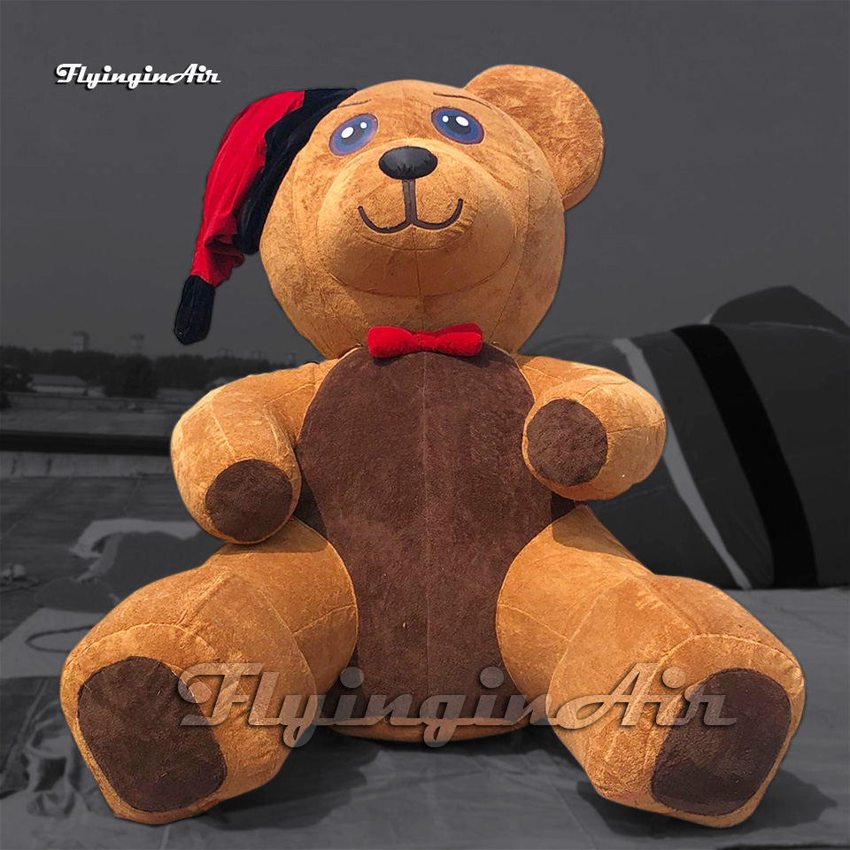 Cute Large Inflatable Plush Brown Bear Christmas Cartoon Animal Mascot Model Airblown Teddy Bear Balloon With Hat For Park Decoration
