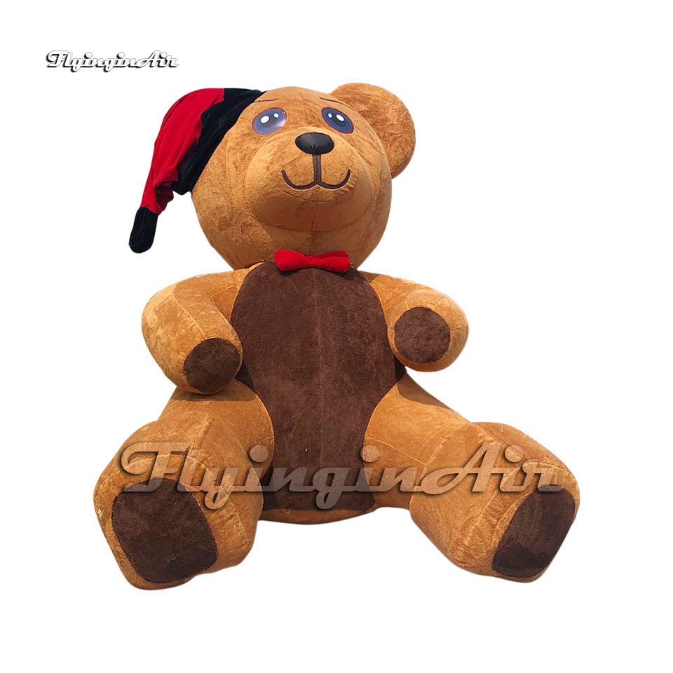 Cute Large Inflatable Plush Brown Bear Christmas Cartoon Animal Mascot Model Airblown Teddy Bear Balloon With Hat For Park Decoration