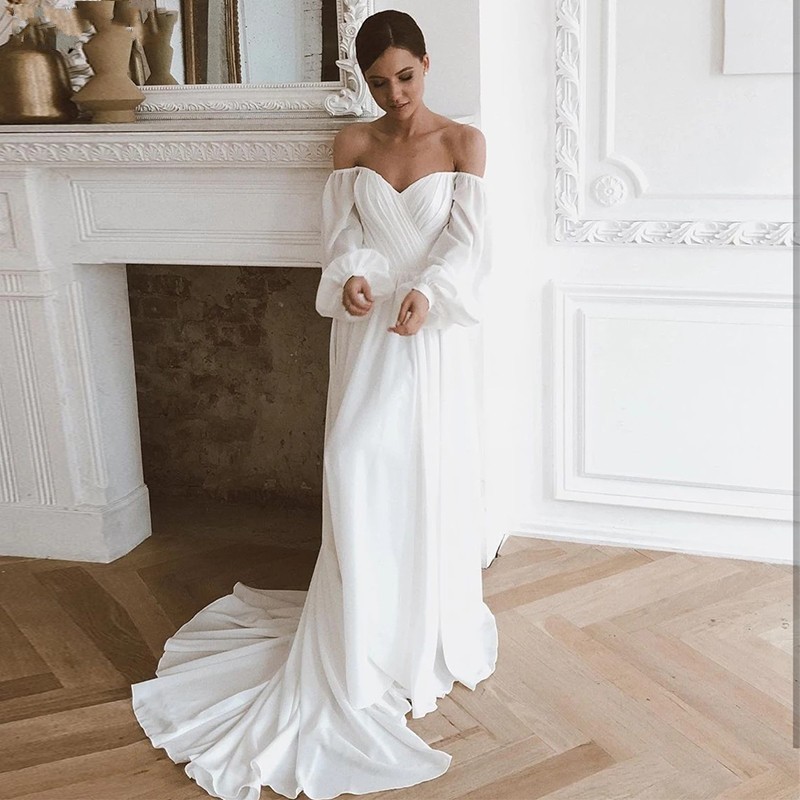 Off Shoulder Chiffon Beach Wedding Dress Long Sleeves Simple Boho Bridal Gowns With Train For Women Robe Mariage 2023