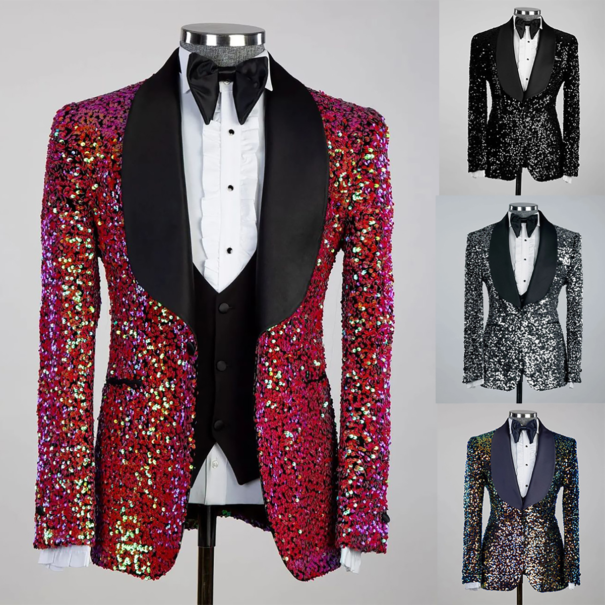 Sparkly Sequined Men Tuxedos Set Slim Fit 3 Pieces Single Breasted Shawl Lapel Outfits Wedding Tuxedos Black Pants
