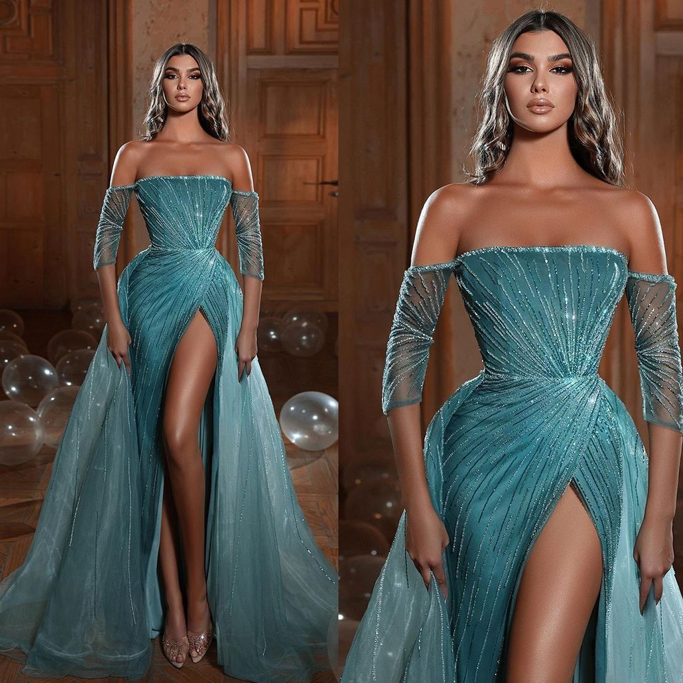 Sexy Lace Mermaid Evening Dresses High Split Sequins Prom Dress Simple Off The Shoulder Formal Party Gowns Custom Made