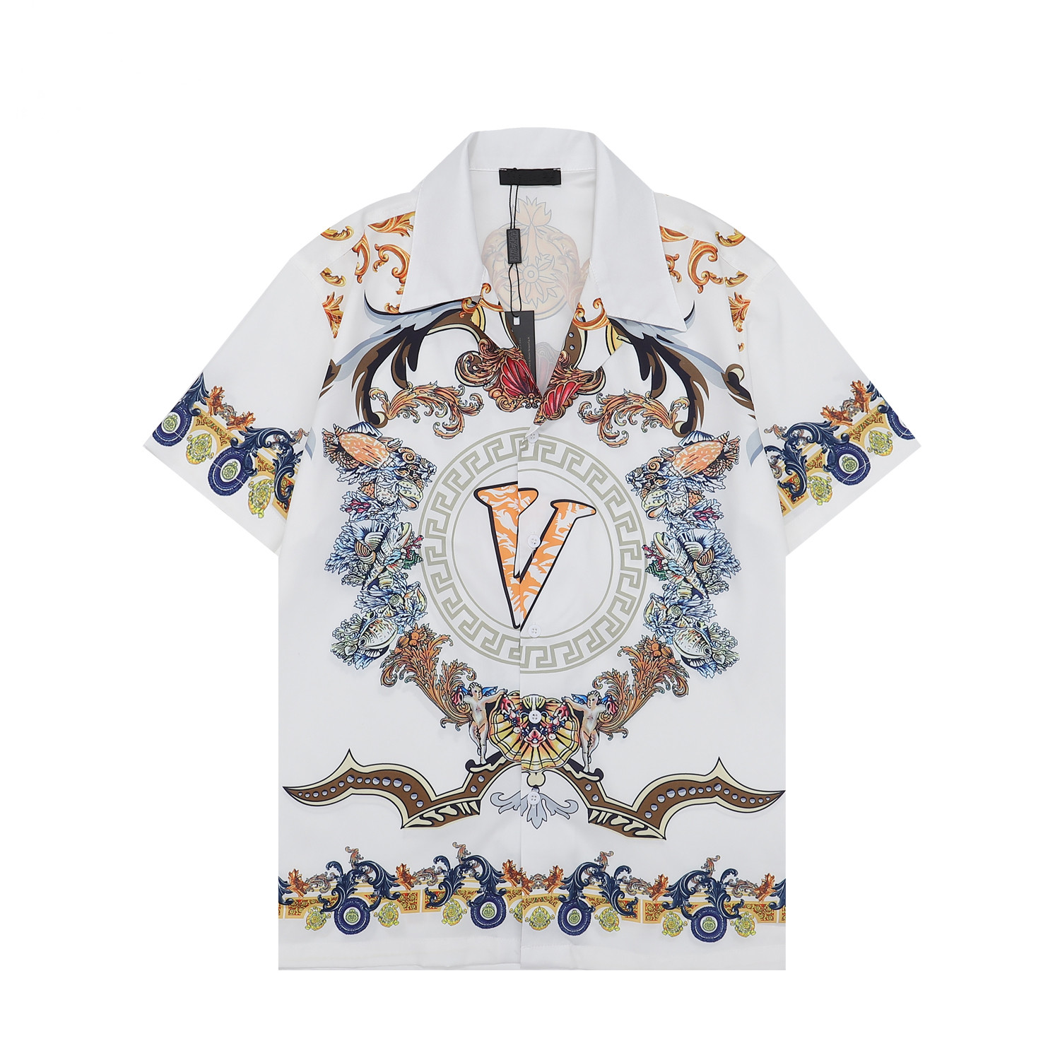 New Spring Summer Bowling Shirts Mens Fashion Couture Gold Baroque Print Shirts Casual Button Down Short Sleeve Hawaiian Shirt Sui