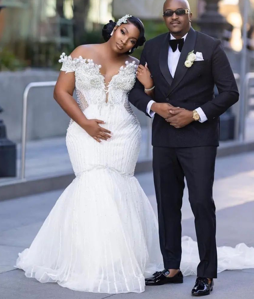 Plus Size Mermaid Dress Saudi Arabic Big Pearls Beading Off Shoulder Short Sleeve Wedding Gowns 0505 0505