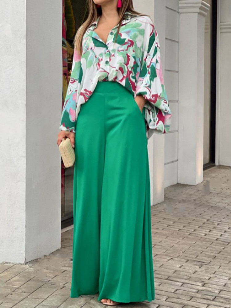 Women's Two Piece Pants Fashion Batwing Sleeve Wide Leg Women Sets Womens Outifits Fall Clothes Green Elegant Office Shirt 2 221027