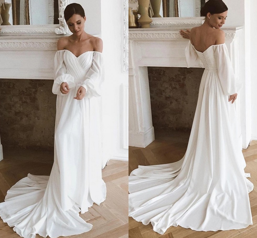 Off Shoulder Chiffon Beach Wedding Dress Long Sleeves Simple Boho Bridal Gowns With Train For Women Robe Mariage 2023