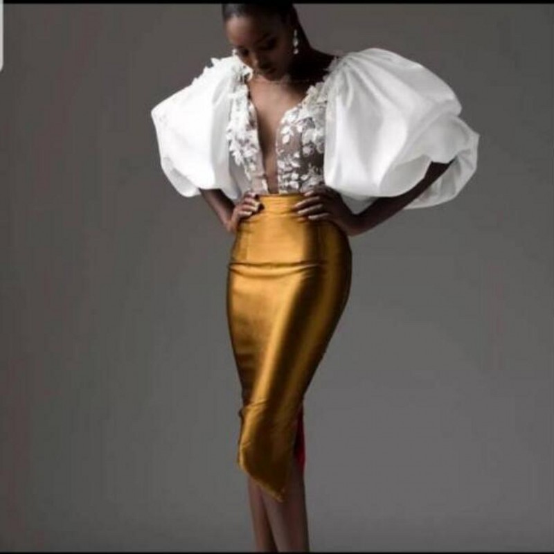 Aso Ebi Puff Sleeves Prom Dresses Tea Length Sheath Formal Evening Gowns Sexy Sheer Plunging Neck Lace Appliques White And Gold Special Occasion Party
