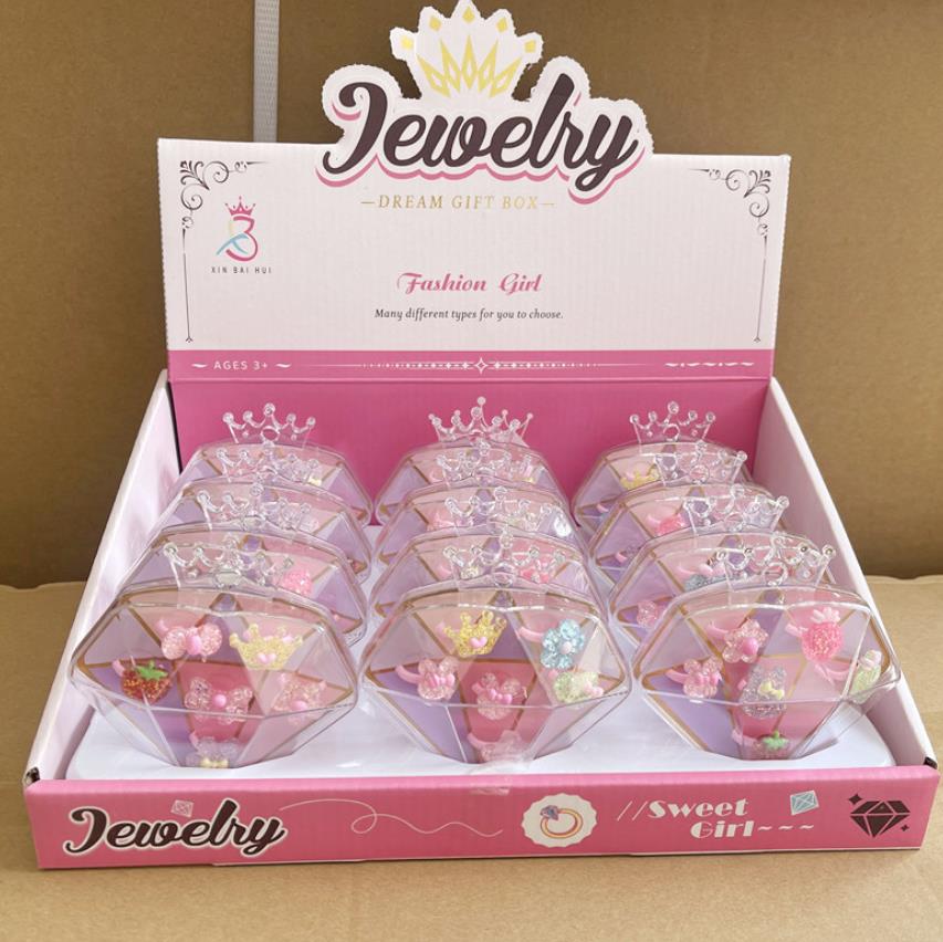 Kids Cartoon Sweet Rings Set Adjustable Gift Jewelry in Box Little Girl Pretend Play and Dress up Props With Diamond Heart Case Birthday Christmas Pre