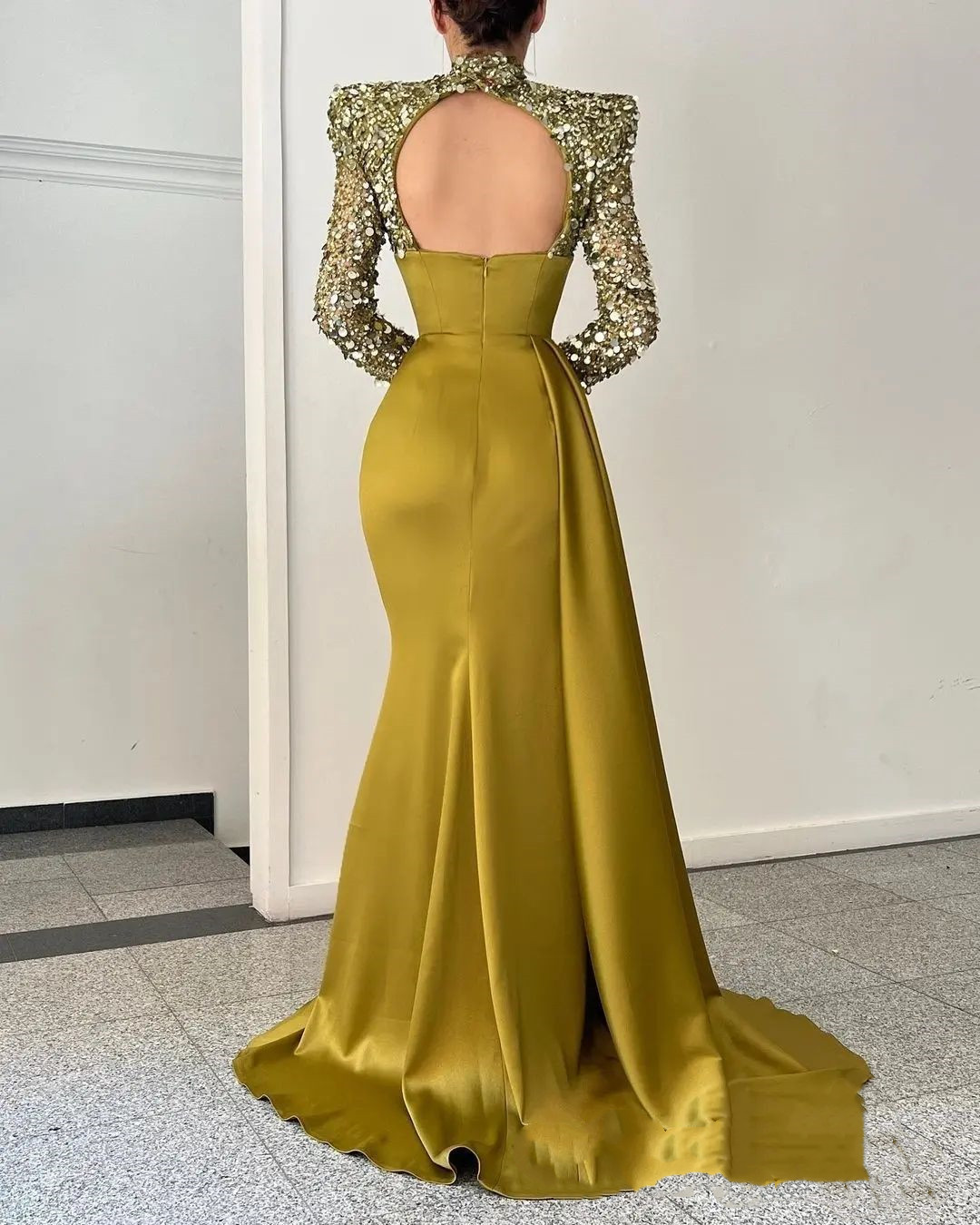 Aso Ebi Mermaid Gold Prom Dresses Backless Sequined Lace long sleeve Evening Formal Party Second Reception Birthday Engagement gown