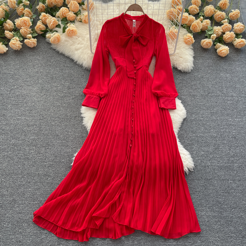 Early Spring Red Vintage Long Sleeve Shirt Party Dress High End Quality Pleated Waist Slim Super Fairy Swing Long Red Casual Skirts