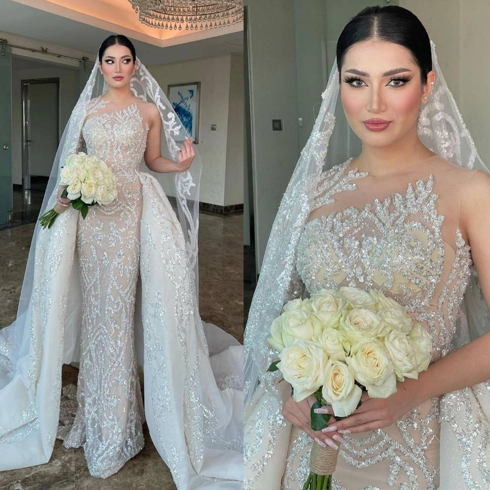 Sparkly Beads Mermaid Wedding Dress Sexy Sheer Jewel Neck Saudi Arabic Wedding Dresses With Detachable Train
