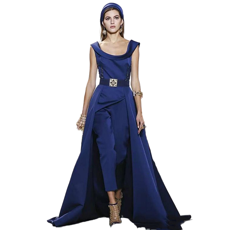 Elegant Navy Women Jumpsuits Prom Dresses Straps Sleeveless Satin Formal Evening Gowns With Detachable Train Scoop Neck Pants Outfit Classic Special O