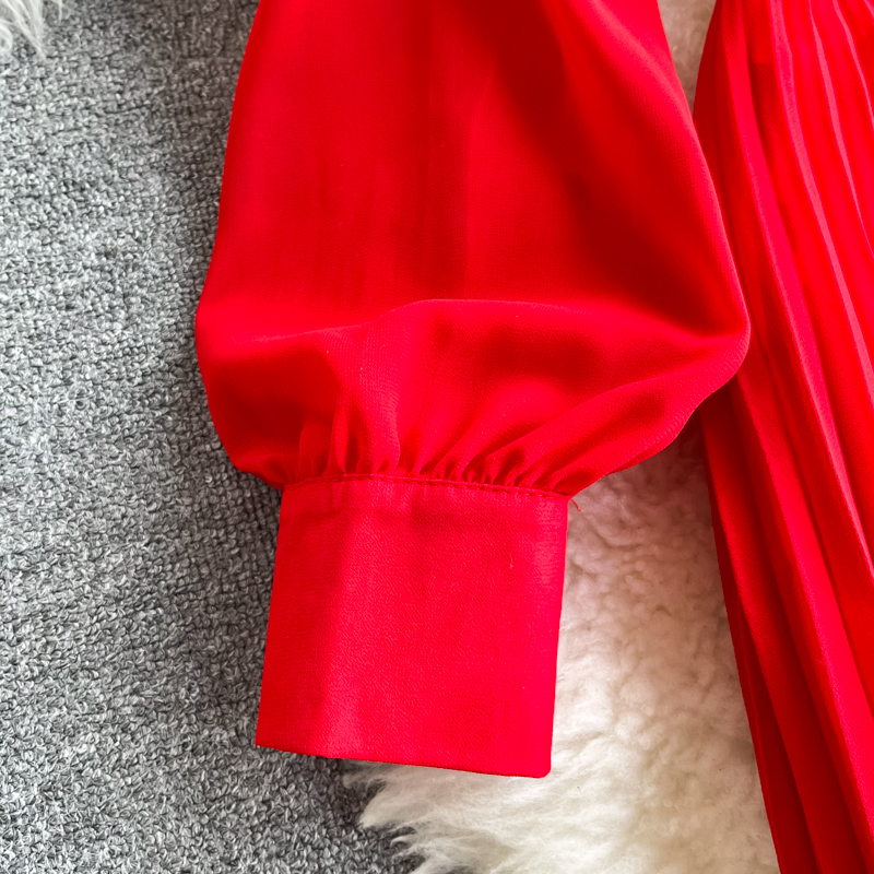 Early Spring Red Vintage Long Sleeve Shirt Party Dress High End Quality Pleated Waist Slim Super Fairy Swing Long Red Casual Skirts