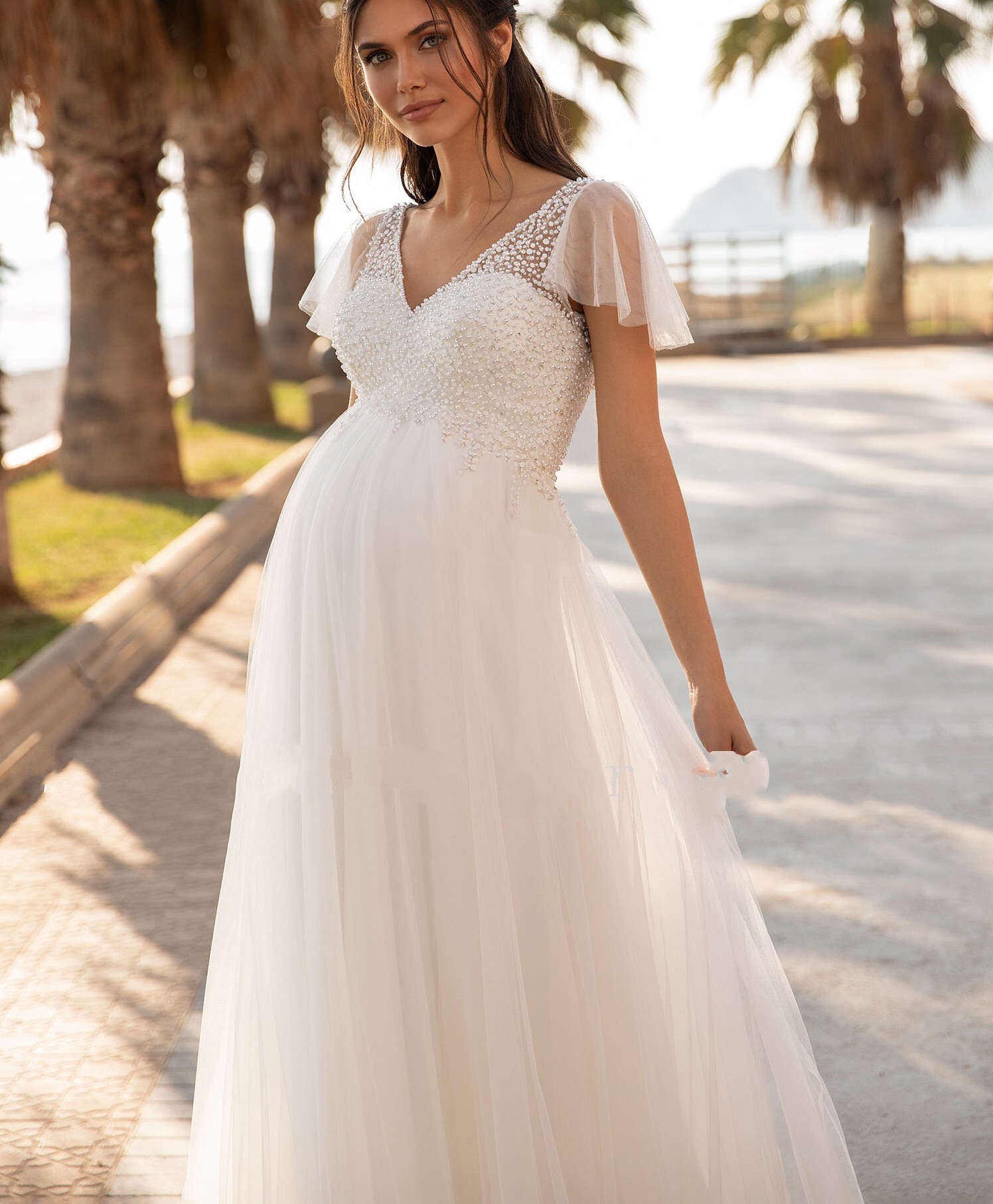 Bohemian Wedding Dress for Pregnant Womens V-neck Short Sleeves Simple Tulle A Line Sequin Pregnancy Brides Dress Robe De Mariage 2023