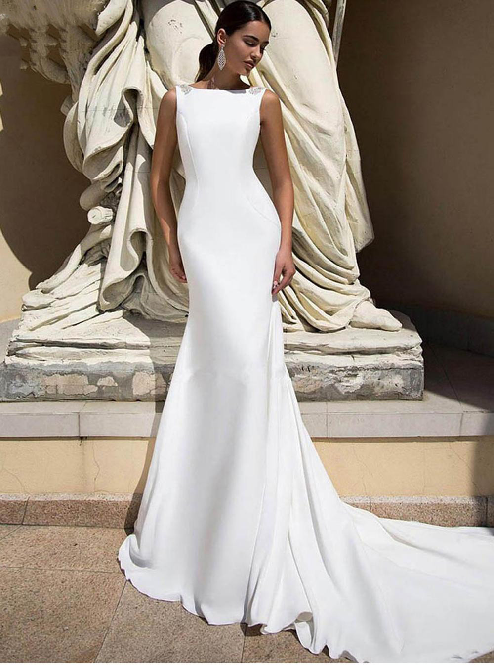 Simple Mermaid Wedding Dress Satin Appliques Beads 2023 Backless For Women Plain Beach Bridal Gown Sweep Train Vestido de Novia