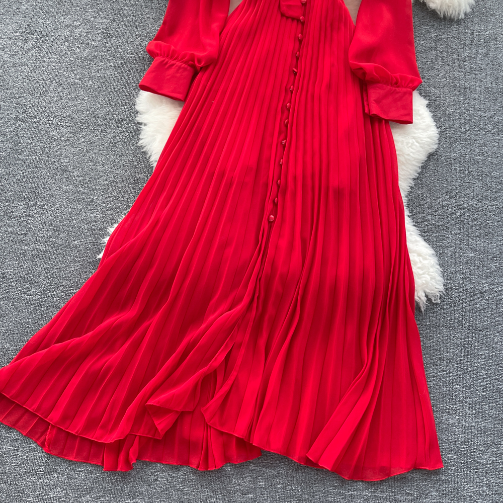 Early Spring Red Vintage Long Sleeve Shirt Party Dress High End Quality Pleated Waist Slim Super Fairy Swing Long Red Casual Skirts