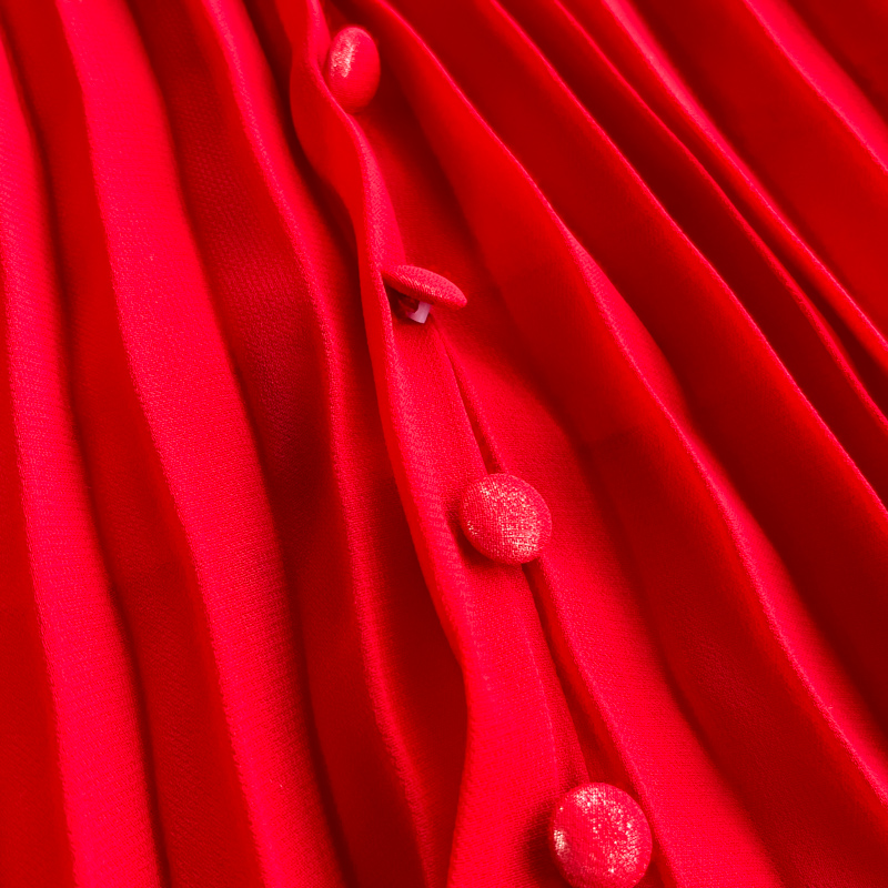 Early Spring Red Vintage Long Sleeve Shirt Party Dress High End Quality Pleated Waist Slim Super Fairy Swing Long Red Casual Skirts