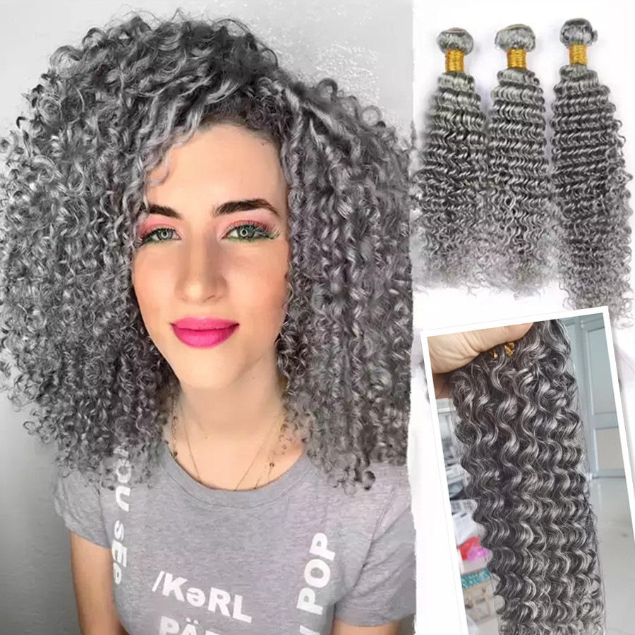 Hot new clip in grey human weave extension darker silver gray brazilian hair weft bundles hairpiece salt and pepper afro kinky hairstyle 100g/pack 16i