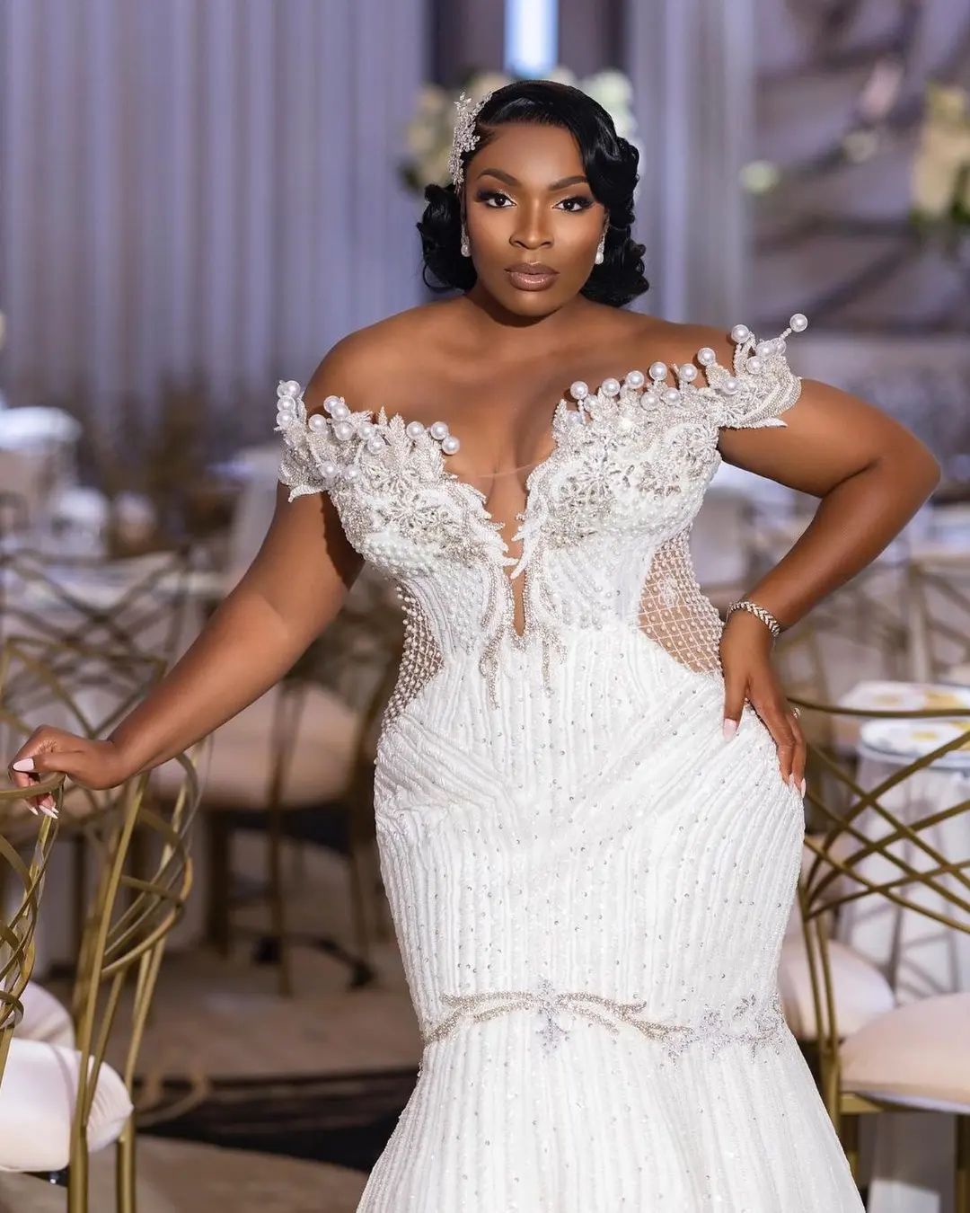 Plus Size Mermaid Dress Saudi Arabic Big Pearls Beading Off Shoulder Short Sleeve Wedding Gowns 0505 0505