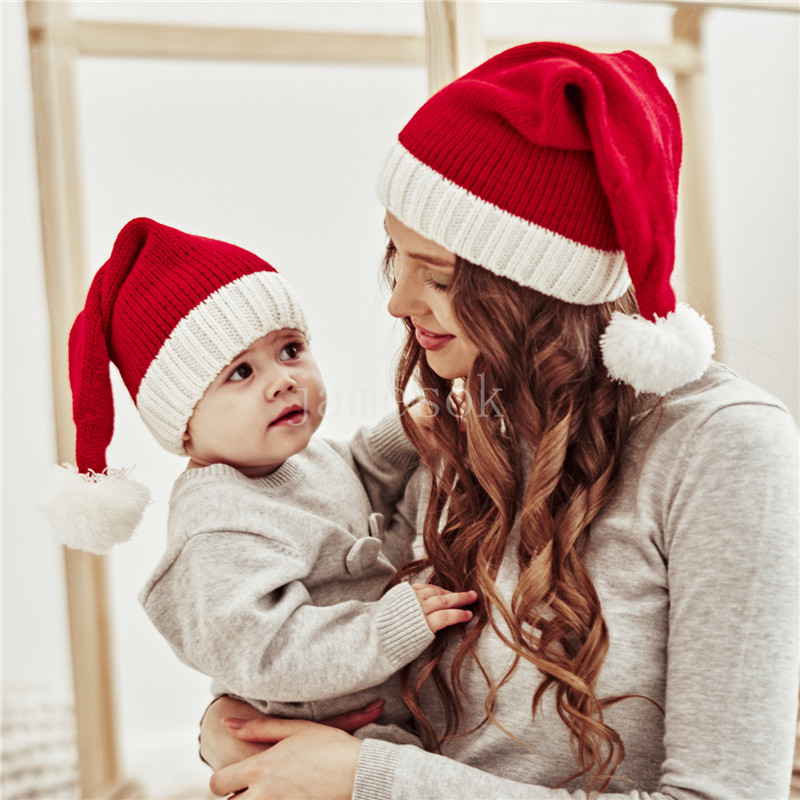 Winter Hairball Parent-child Knitted Hats Party Favor red Mother Baby woolen yarn hat Winters keep warm knitting cap DE863