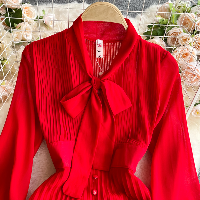 Early Spring Red Vintage Long Sleeve Shirt Party Dress High End Quality Pleated Waist Slim Super Fairy Swing Long Red Casual Skirts