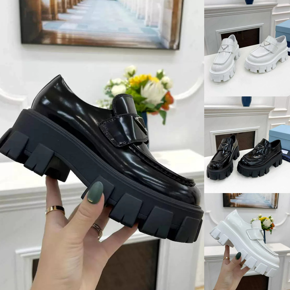 Monolith brushed leather loafers triangle logo shoe lady designer sneakers luxury glossy leathers black Increase Platform women leather shoes size 35-41, Customize
Monolith brushed leather loafers triangle logo shoe lady designer sneakers luxury glossy leathers black Increase Platform women leather shoes size 35-41, Customize