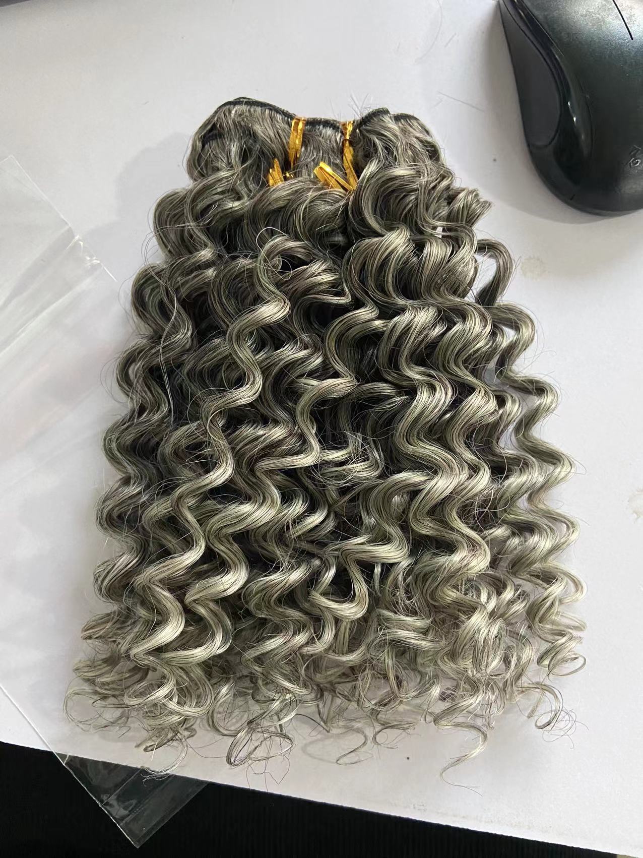 Hot new clip in grey human weave extension darker silver gray brazilian hair weft bundles hairpiece salt and pepper afro kinky hairstyle 100g/pack 16i