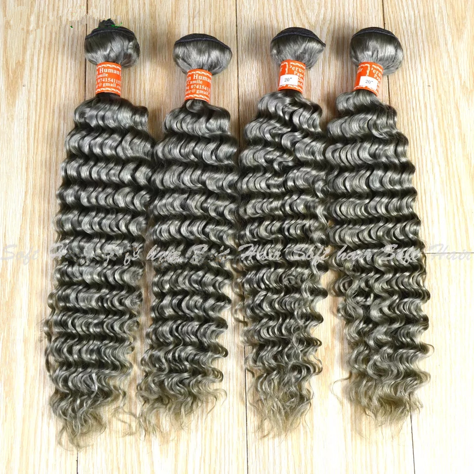 Hot new clip in grey human weave extension darker silver gray brazilian hair weft bundles hairpiece salt and pepper afro kinky hairstyle 100g/pack 16i