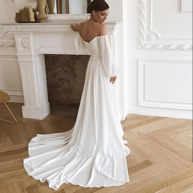 Off Shoulder Chiffon Beach Wedding Dress Long Sleeves Simple Boho Bridal Gowns With Train For Women Robe Mariage 2023