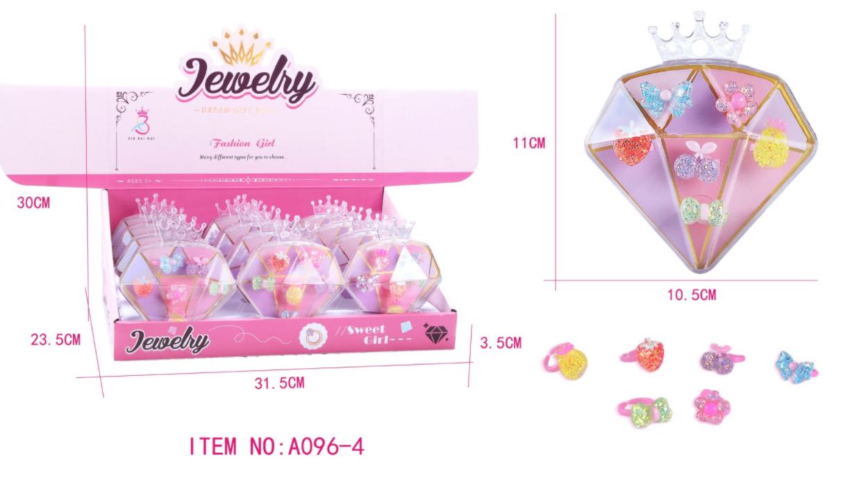 Kids Cartoon Sweet Rings Set Adjustable Gift Jewelry in Box Little Girl Pretend Play and Dress up Props With Diamond Heart Case Birthday Christmas Pre