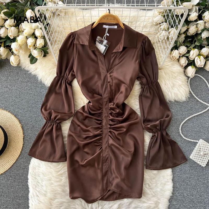 Casual Dresses 2022 Spring Women Brown Shirt Dress Polo Neck Puff Long Sleeve Folds Slim Designer Streetwear Mini Robe Femme Vestidos, Dark brown 
Casual Dresses 2022 Spring Women Brown Shirt Dress Polo Neck Puff Long Sleeve Folds Slim Designer Streetwear Mini Robe Femme Vestidos, Dark brown