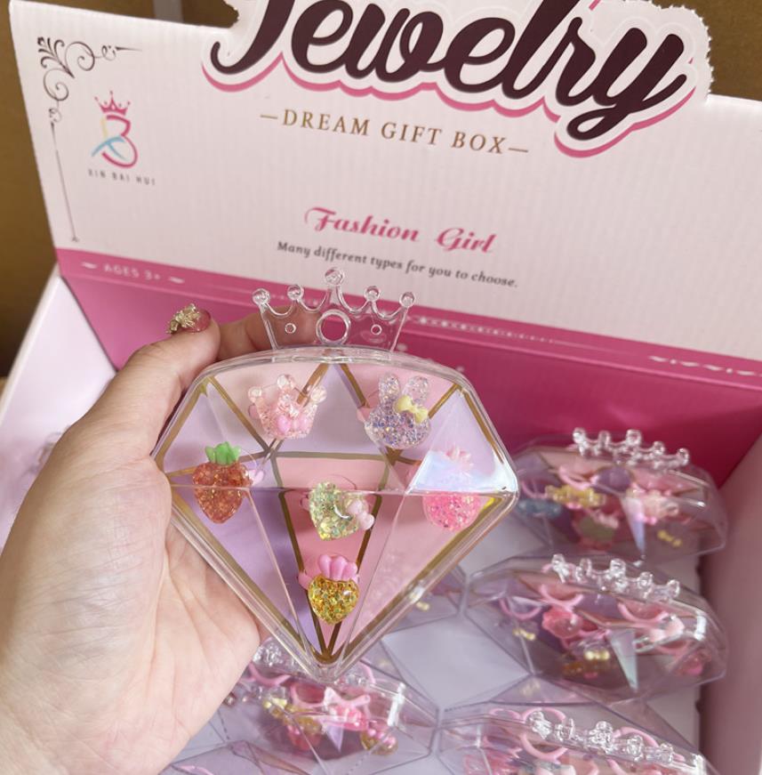 Kids Cartoon Sweet Rings Set Adjustable Gift Jewelry in Box Little Girl Pretend Play and Dress up Props With Diamond Heart Case Birthday Christmas Pre