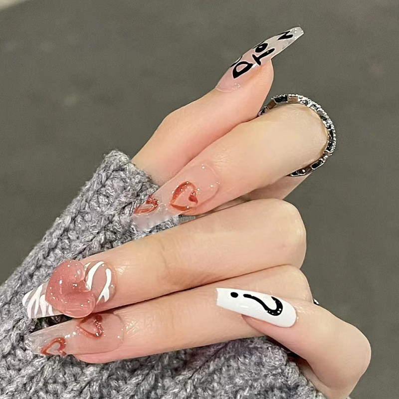 French Fake Nails Full Cover Ballerina Nails Finished Reusable Gradient Press On Nail With Love Heart Letter Design Unas Postizas Francesas Bailarina