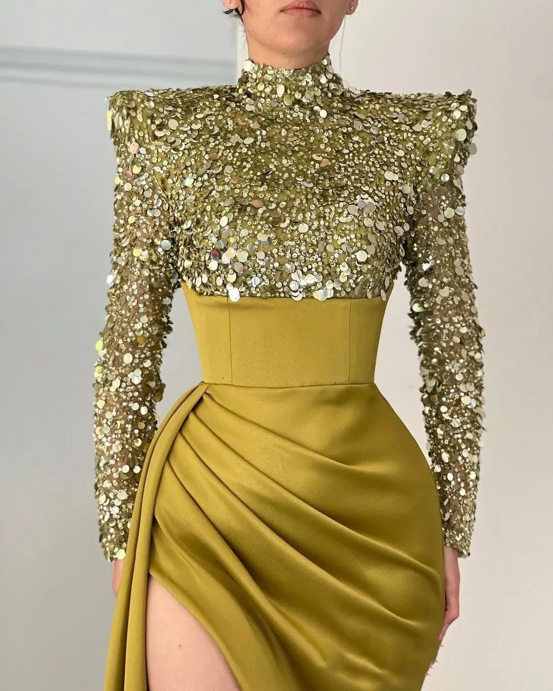 Aso Ebi Mermaid Gold Prom Dresses Backless Sequined Lace long sleeve Evening Formal Party Second Reception Birthday Engagement gown